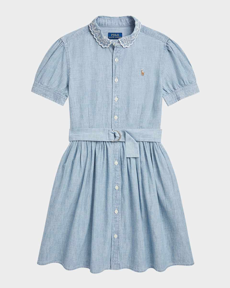 Girl's Chambray Eyelet Embroidered Dress, Size 7-14